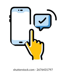 Smartphone com notificação de marca de verificação e ícone de toque de dedo