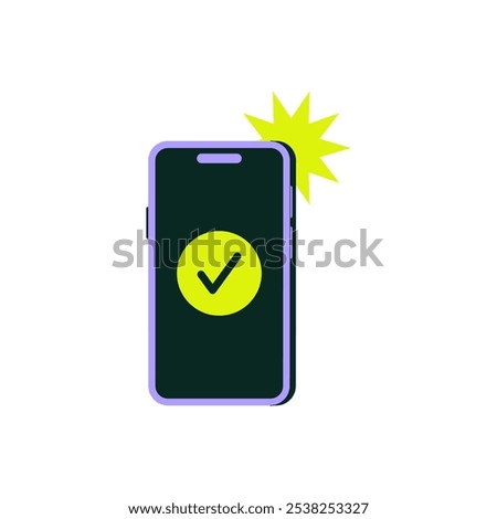 Smartphone With Check Mark Notification In Flat Vector Illustration Symbolizing Security Confirmation, Approval, And Successful Verification, Isolated On White Background.