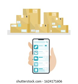 smartphone is checking the product list and Corrugated box 2D flat vector set