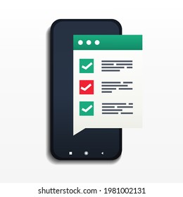 Smartphone with checklist. Document form. Tasklist. Check marks. Illustration vector