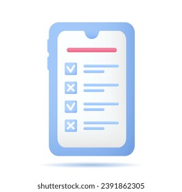 Smartphone with checklist mobile application icon. Phone document plan tasks. Online business, education, management concept. Vector illustration in cartoon minimal style