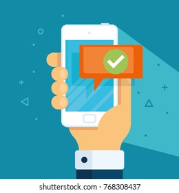 Smartphone with checkmark flat vector illustration. Concept of accepted update, approved confirmation or yes vote notification