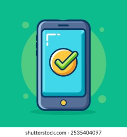 Smartphone and checkmark notice vector, flat cartoon mobile phone approved tick notification, idea of successful update check mark, accepted, complete action on cellphone, yes or positive vote