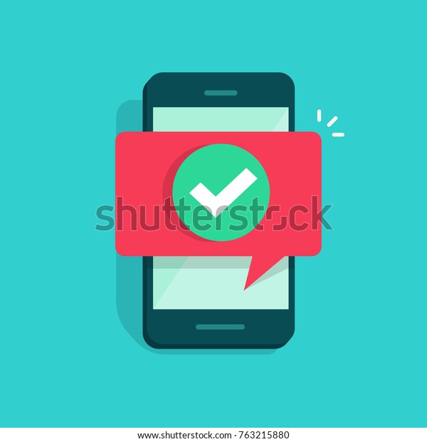 スマートフォンとチェックマークのベクターイラスト 漫画の携帯電話が承認したティック通知 アップデート成功のコンセプトチェックマーク 承諾 携帯電話に対する完全な操作 イエスまたはポジティブ投票 のベクター画像素材 ロイヤリティフリー