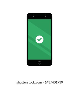 Smartphone with checkmark on display vector illustration. Mobile phone with approval tick. Accept icon, yes button.