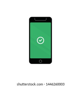 Smartphone with checkmark on display vector illustration. Mobile phone with approval tick. Accept icon, yes button.