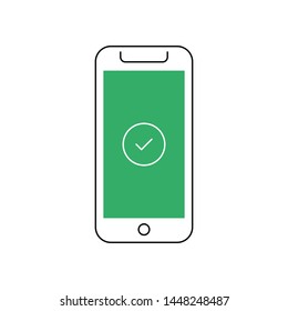 Smartphone with checkmark on display vector illustration. Mobile phone with approval tick. Accept icon, yes button.