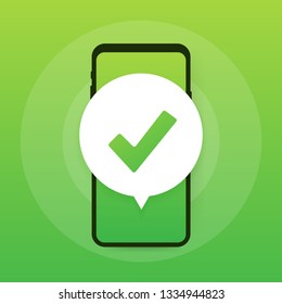 Smartphone with checkmark or tick notification in bubble. Approved choice. Accept or approve checkmark. Vector stock illustration.