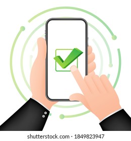 Smartphone with checkmark or tick notification in bubble. Approved choice. Accept or approve checkmark. Vector stock illustration.