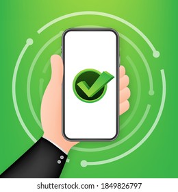 Smartphone with checkmark or tick notification in bubble. Approved choice. Accept or approve checkmark. Vector stock illustration.