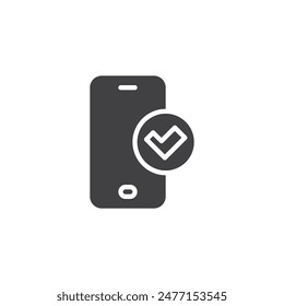 Smartphone con un Vector de marca de verificación. signo plano relleno para concepto móvil y Diseño web. Icono de glifo de teléfono verificado. Símbolo, ilustración del logotipo. Vector gráfico