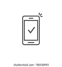 Smartphone and checkmark vector icon, line outline art mobile phone approved tick notification, successful updated check mark, accepted, complete action on cellphone, yes or positive vote