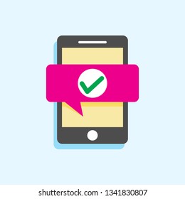 Smartphone and checkmark vector illustration, flat cartoon mobile phone approved tick notification