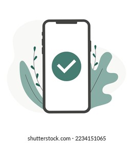 Smartphone and checkmark vector illustration, flat mobile phone approved tick notification, idea of successful update check mark, accepted, complete action on cellphone, yes or positive vote