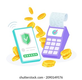 Smartphone Checkout Successful E Payment With POS Terminal And Golden Coins Isometric Vector Flat Illustration. Electronic Pay Machine Check Mark On Screen Complete Online Paying Transaction Receipt