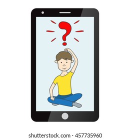 Smartphone with Child's question. Child scratching head with question mark above it. Concept for decision making, confusion, brainstorming. Vector illustration.