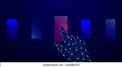 Smartphone choose polygon style. Polygon hand choosing between two smartphones, rankings product features, looking for differences, design view, brand and price. Vector illustration.