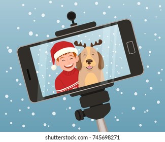 Smartphone christmas portrait of a boy with his dog. The boy is wearing a christmas hat and the dog wears a diadem with reindeer horns. Vector illustration.