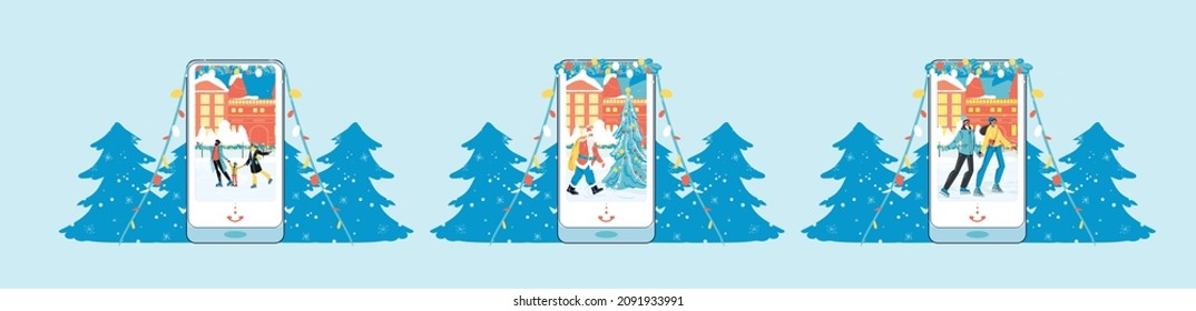 Smartphone with Christmas scene over snowy forest background. Happy wintertime recreation and fun during world coronavirus pandemic