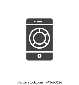 Smartphone with circle business graph icon vector, filled flat sign, solid pictogram isolated on white. Symbol, logo illustration.