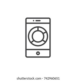 Smartphone with circle business graph line icon, outline vector sign, linear style pictogram isolated on white. Symbol, logo illustration. Editable stroke