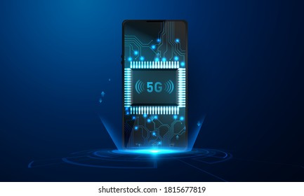 smartphone with circular 5G analytics data shadow. Abstract technology communication concept vector background