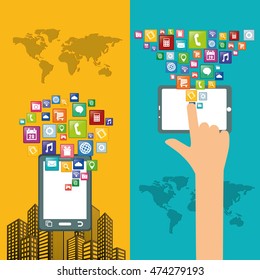 smartphone city hand map mobile apps application online icon set. Colorful and flat design. Vector illustration