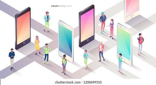 Smartphone city. Isometric concept. Vector illustration.