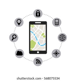 smartphone with city map on screen and navigation icons around over white background. colorful design. vector illustration