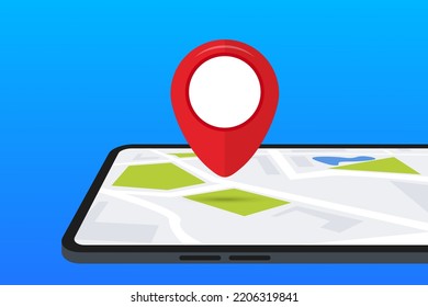 Smartphone with city map path and location mark on the screen. Mobile gps navigation and tracking concept. Navigation app with map and location pin. Vector flat illustration