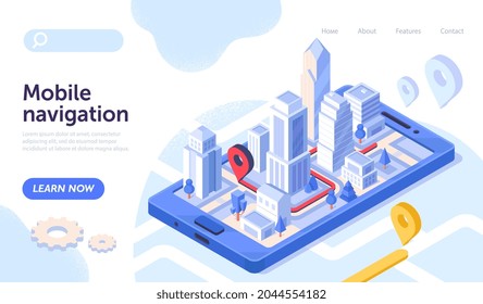 Smartphone mit Stadtplan auf dem Bildschirm als mobile Navigationsanwendung. Mobile Navigation mit Ortungsstift. Website, Webseite, Landing Page Template. Isometrische Cartographie, Vektorgrafik