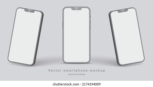 smartphone clay mockup with shadow for application design presentation isolated on grey background. minimalist mobile phone with blank screen in different angles view. vector 3d isometric illustration