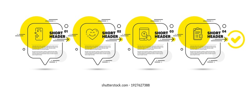 Smartphone clean, Swipe up and Smile face line icons set. Timeline infograph speech bubble. Reject checklist sign. Phone screen, Scrolling screen, Love heart. Decline file. Technology set. Vector