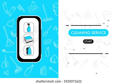 Smartphone with cleaning service website.Catalog of washing tools for floor,windows and dust removing.Find and order scrubwoman through internet.Vector doodle style items for purifying