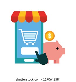 smartphone click piggy bank online shopping