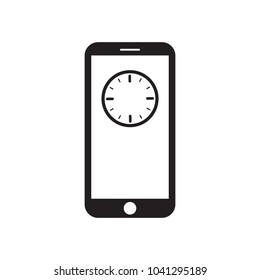 Smartphone with clock icon on the screen. Time symbol. Mobile device. Black and white vector illustration.