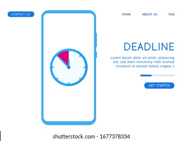 Smartphone with a clock showing the approaching deadline of the project. Flat vector illustration. Well suited for business or educational topics.