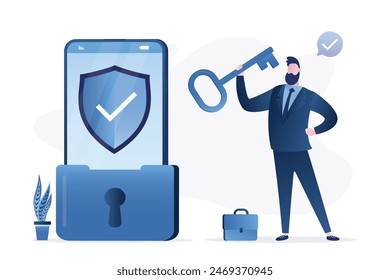 Smartphone is closed in large lock, protection shield on screen. User holds big key. Reliable protection of your mobile phone from viruses, scam and hacking. Cyber security. Digital security. vector