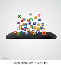 Smartphone with cloud of application icons. isolated white background