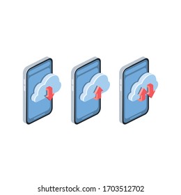 Smartphone cloud download upload. Vector 3d isometric, color web icon, new flat style. Creative illustration design, isolated graphic idea for infographics.