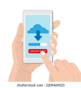 Smartphone con botón de descarga de archivos y nube en mano. Cargar datos, computación en la nube, concepto de negocios. Ilustración de vector plano.