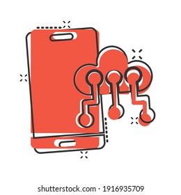 Smartphone with cloud icon in comic style. Phone network storage cartoon vector illustration on white isolated background. Online backup splash effect business concept.