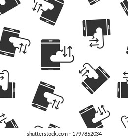 Smartphone with cloud icon in flat style. Phone network storage vector illustration on white isolated background. Online backup seamless pattern business concept.