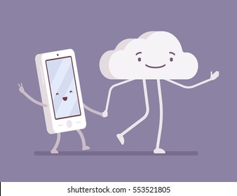 Smartphone and cloud integrated into it, walking together hand in hand, virtual storage, enough space to store, friendship, keep user data safe and sound