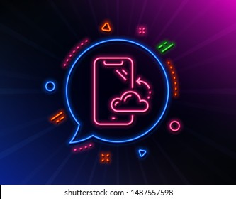 Smartphone cloud line icon. Neon laser lights. Phone backup sign. Mobile device symbol. Glow laser speech bubble. Neon lights chat bubble. Banner badge with smartphone cloud icon. Vector