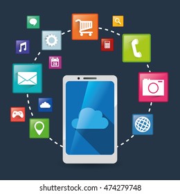 smartphone cloud mobile apps application online icon set. Colorful and flat design. Vector illustration