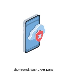 Smartphone cloud shield cross security. Vector 3d isometric, color web icon, new flat style. Creative illustration design, isolated graphic idea for infographics.