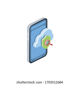 Smartphone cloud shield search magnifier. Vector 3d isometric, color web icon, new flat style. Creative illustration design, isolated graphic idea for infographics.