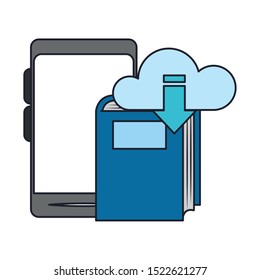 smartphone with cloud storage and book over white background, vector illustration