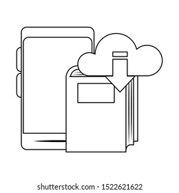 smartphone with cloud storage and book over white background, vector illustration
